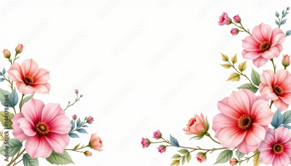 Fototapeta premium White background with delicate watercolor floral clipart.