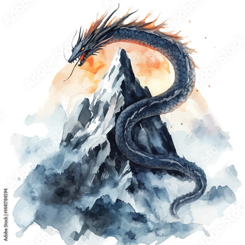 watercolor vector of Serpent-like Dragon Curling Around A Mountain Peak, isolated on a white background.