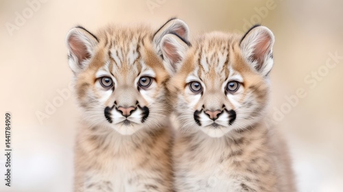 Two adorable mountain lion cubs sitting closely together, soft focus background with warm tones, and wildlife portrait capturing innocence and companionship.