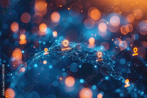abstract digital network globe with glowing connection lines and bright orange location markers against a dark blue and orange bokeh background conveying technology and connectivity