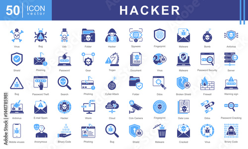 Hacker icon collection set. Containing computers, code, cybersecurity, software, hacker activity,  worm virus, hacking, phishing, encryption. Perfect for tech projects, security apps, digital fiction.