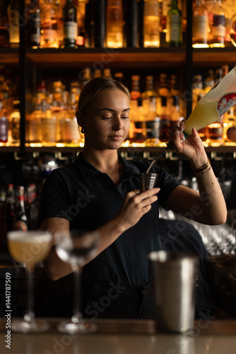 Photography Smiling woman bartender preparing cocktail at bar counter