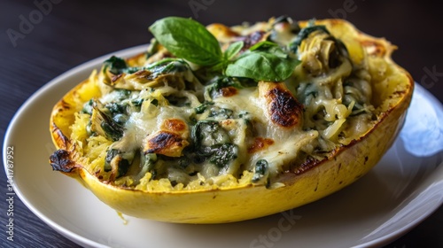 Spinach and artichoke spaghetti squash in a casserole dish garnished with basil.