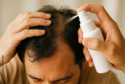 Man Applying Hair Treatment Spray to Receding Hairline for Hair Growth