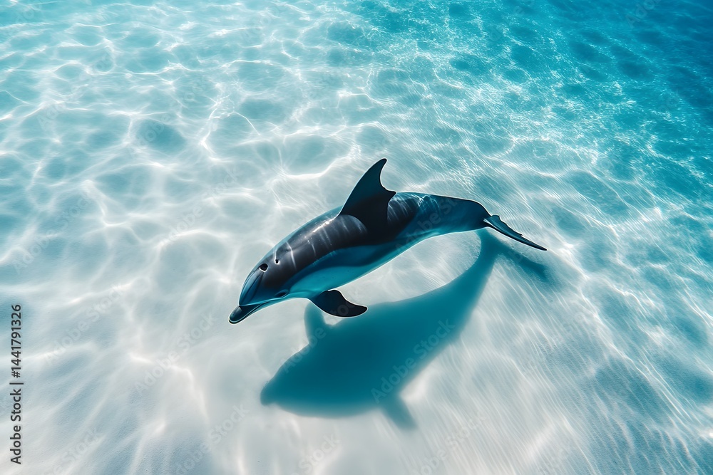 Obraz premium A dolphin swimming gracefully in clear blue water with sunlight reflecting on the sandy seabed below