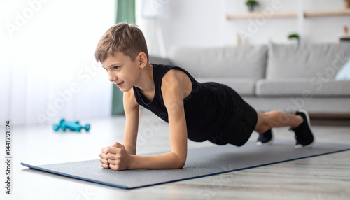 Boy Doing Exercise on Fitness Mat at Home – Sport Activity and Workout Routine for Health and Fitness