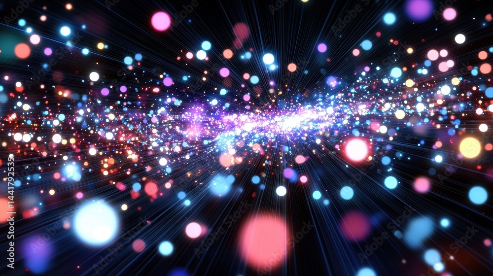 Fototapeta premium Colorful particle stream across a dark background.