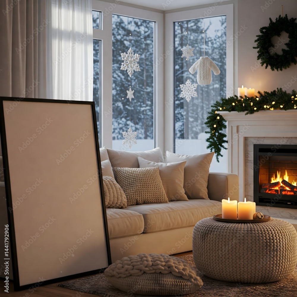Obraz premium Frame mockup, ISO A paper size. Living room wall poster mockup. Interior mockup with house background. Modern interior design. 3D render 