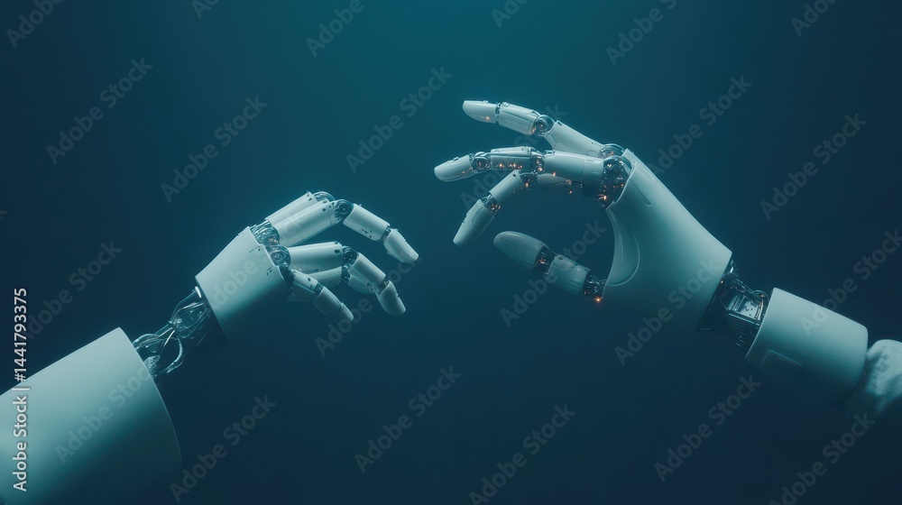 Two robotic hands in close proximity. Two robotic hands in close proximity.