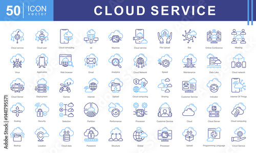Cloud Services icon collection set. Containing servers, data, storage, security, and networking. Ideal for tech companies, startups, and digital applications.