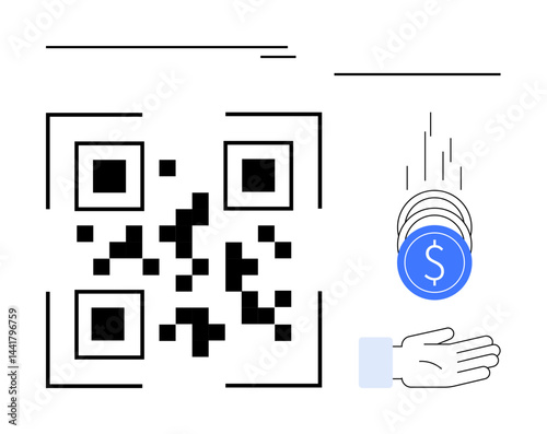 QR code paired with coins falling into an outstretched hand symbolizing digital payment, quick transactions. Ideal for payment technology, finance, digital wallet, e-commerce, online banking
