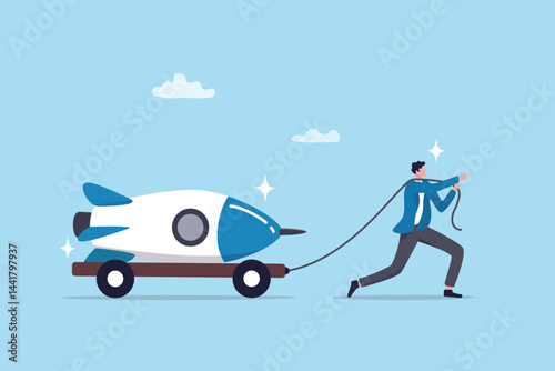 Entrepreneur initiative idea, ambition to push effort to success, start new business or company with creativity development, innovation or invention concept, businessman pull new creative rocket.