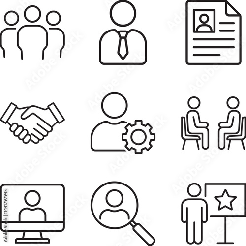 Recruitment Line Icon Set Collection. Candidates, Staff, Resume, Partnership, Skills, Interview, Online Job, Search, Training / Best Employee