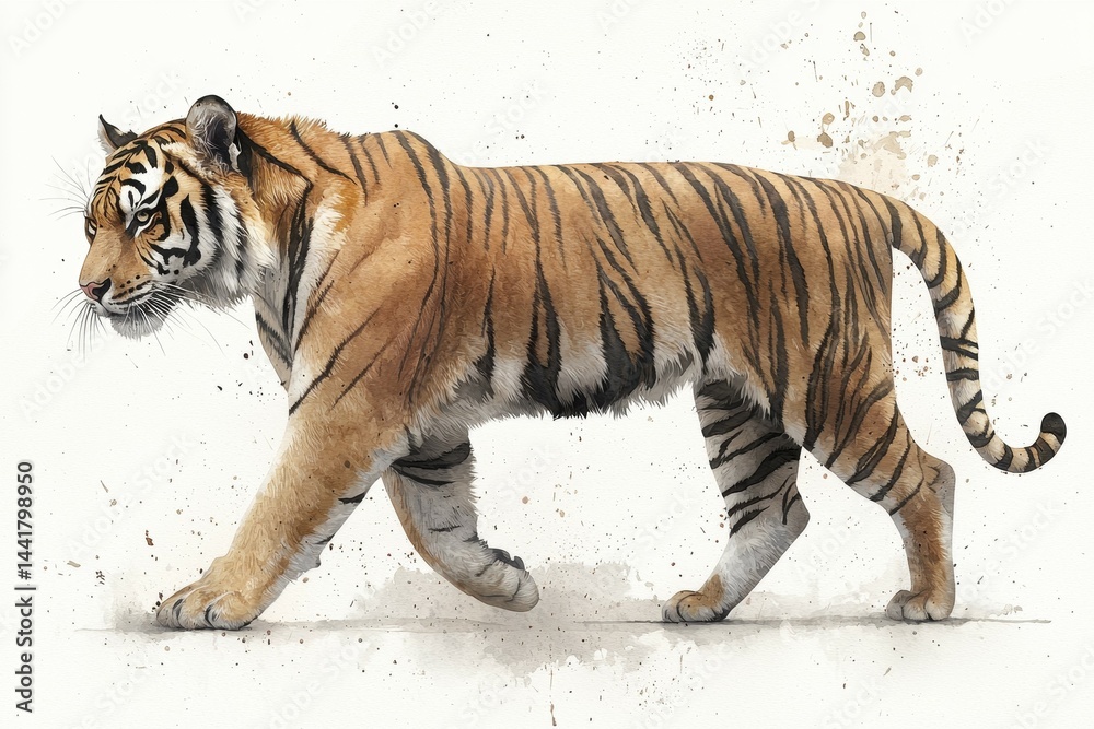 Naklejka premium Walking Tiger Illustration Orange and Black Stripes on White Background