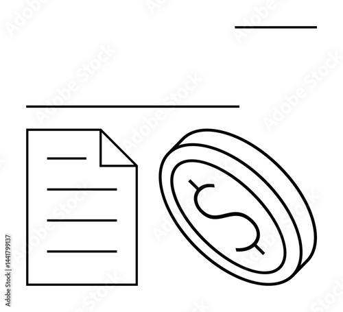 Paper document and dollar coin emphasize finance, budget, accounting, money management, payment tracking, economic planning, and cost calculation. Ideal for financial themes and flat simple metaphor