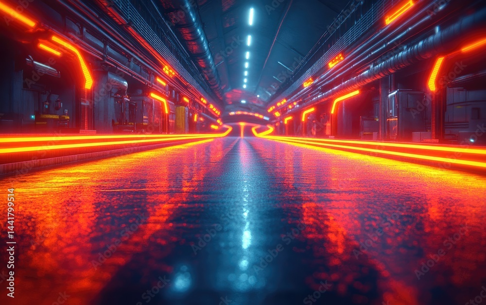 Obraz premium Futuristic tunnel corridor illuminated by vibrant neon lights.