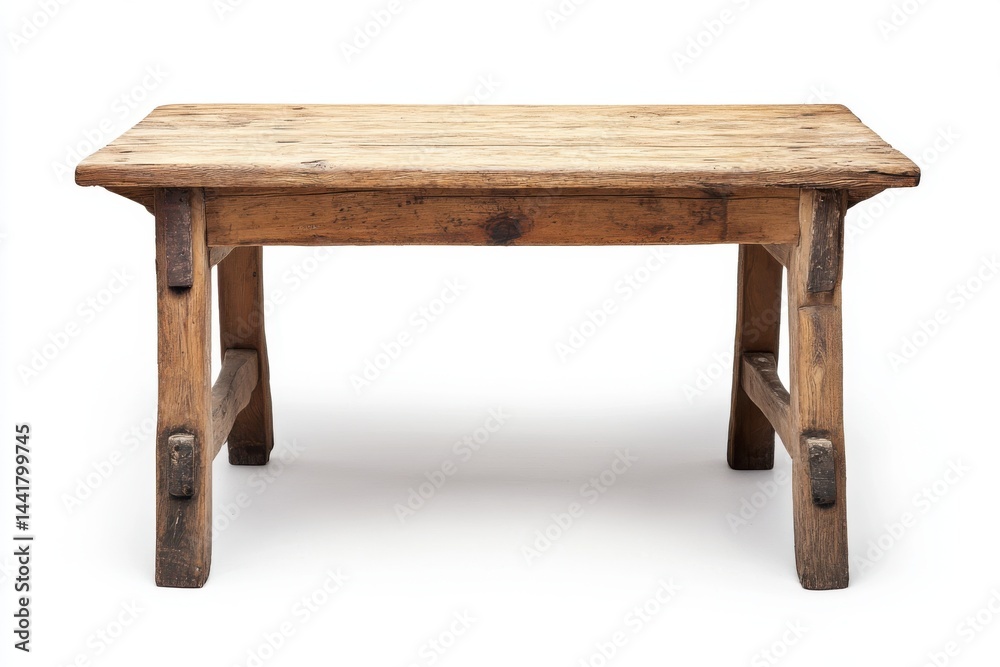 A rustic wooden table with a rectangular top and sturdy legs isolated on a white background surface view A rustic wooden table with a rectangular top and sturdy legs isolated on a white background surface view