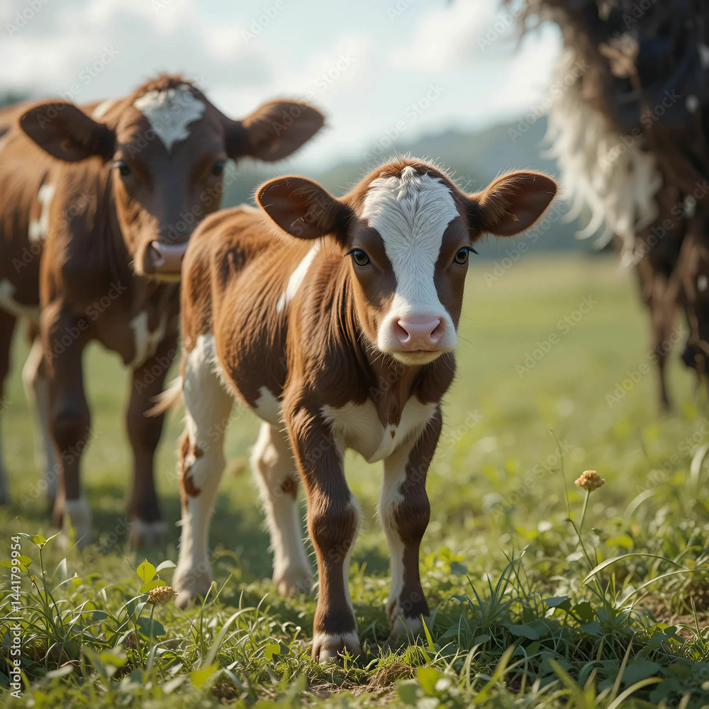 This image features an adorable baby calf standing on a lush farmland backdrop. This image features an adorable baby calf standing on a lush farmland backdrop.