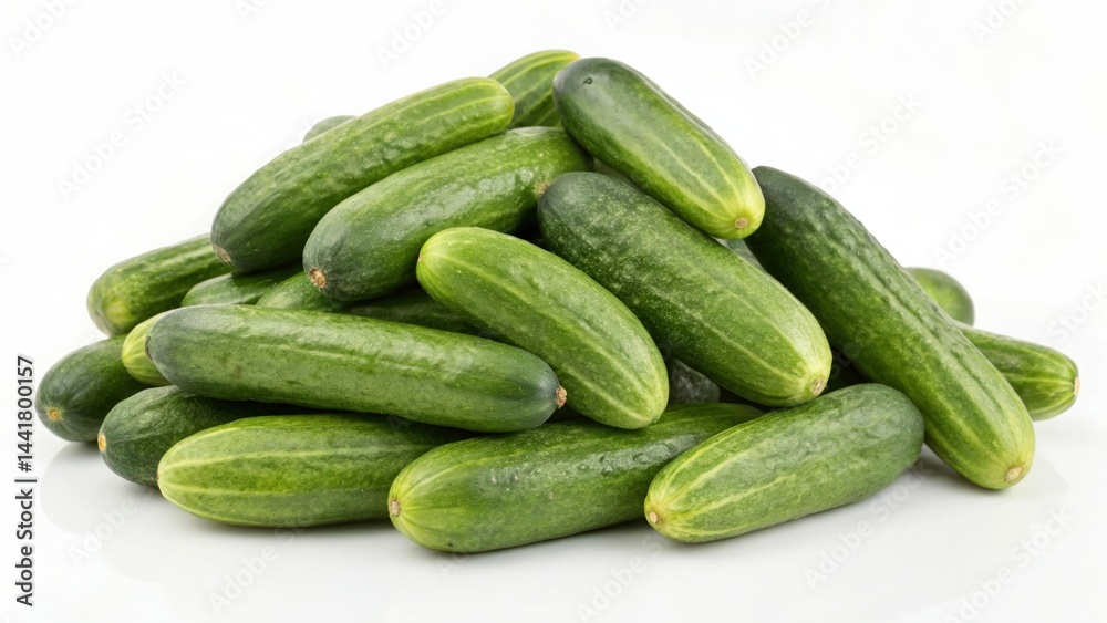 Fresh cucumbers arranged in a pile on a clean white surface highlighting their green color and texture Fresh cucumbers arranged in a pile on a clean white surface highlighting their green color and texture