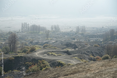 Desolate landscape recovery after volcanic eruption abandoned terrain nature photography aerial view resilience in adversity