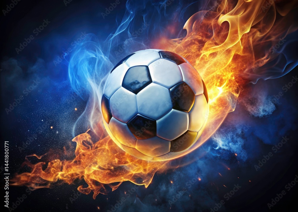 Fototapeta premium Fiery Soccer Ball Low Light Photography - Dark Blue Background, Burning Football Image