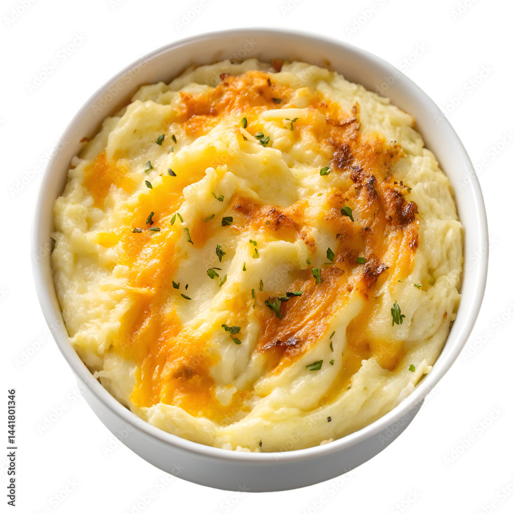 Baked mashed cheesy potato isolated on transparent background Baked mashed cheesy potato isolated on transparent background