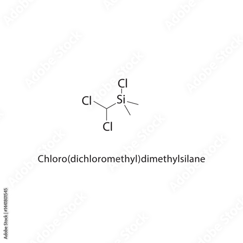 Chloro(dichloromethyl)-dimethylsilane skeletal structure. Chlorinated Organosilane compound schematic illustration. Simple diagram, chemical formula.