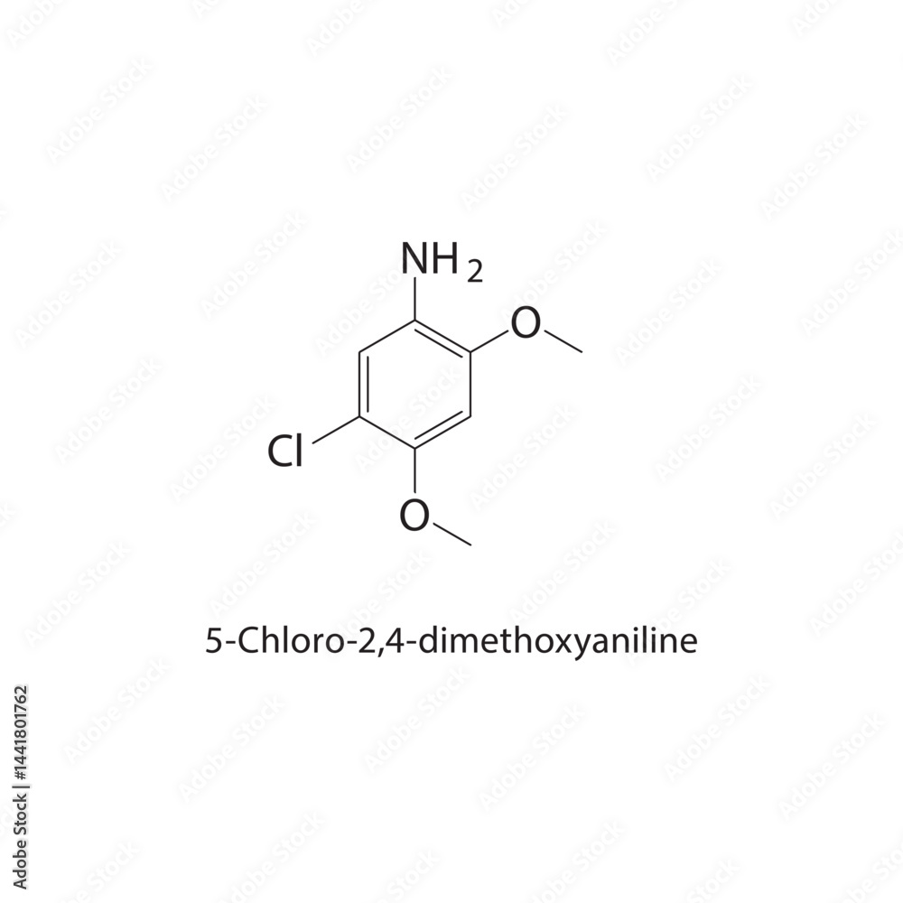 Fototapeta premium 5-Chloro-2,4-dimethoxyaniline skeletal structure. Chlorinated Aniline compound schematic illustration. Simple diagram, chemical formula.