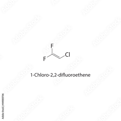 1-Chloro-2,2-difluoroethene skeletal structure. Chlorofluorinated Alkene compound schematic illustration. Simple diagram, chemical formula.