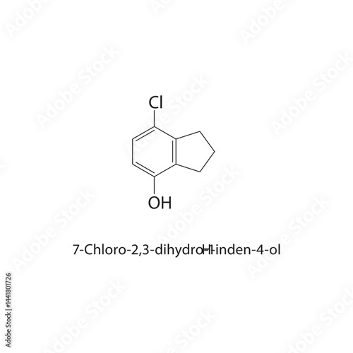 7-Chloro-2,3-dihydro-1H-inden-4-ol skeletal structure. Chlorinated Indenol compound schematic illustration. Simple diagram, chemical formula.