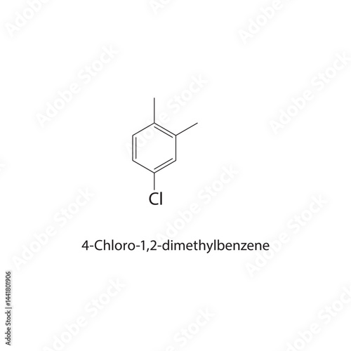 4-Chloro-1,2-dimethylbenzene skeletal structure. Chlorinated Aromatic Hydrocarbon compound schematic illustration. Simple diagram, chemical formula.