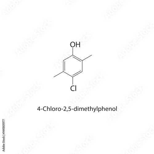 4-Chloro-2,5-dimethylphenol skeletal structure. Chlorinated Phenol compound schematic illustration. Simple diagram, chemical formula.