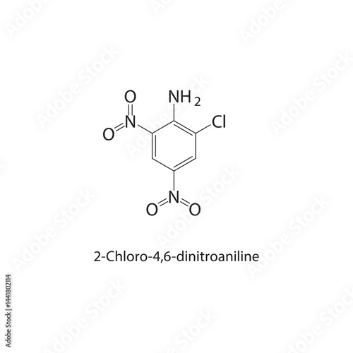 2-Chloro-4,6-dinitroaniline skeletal structure. Chlorinated Nitroaniline compound schematic illustration. Simple diagram, chemical formula.