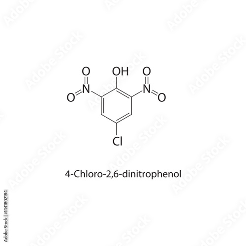4-Chloro-2,6-dinitrophenol skeletal structure. Chlorinated Nitro Phenol compound schematic illustration. Simple diagram, chemical formula.