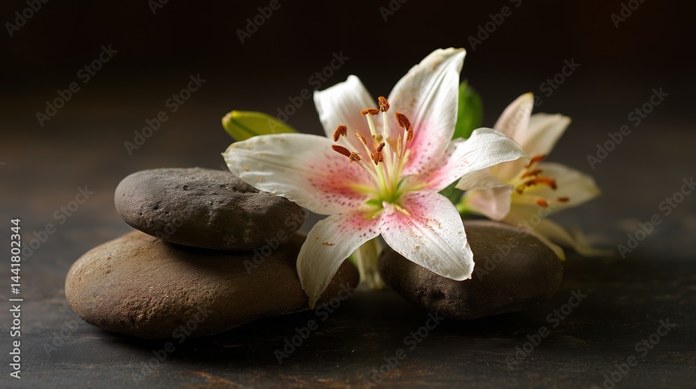 Zen garden stones and lily in close-up, a moment of peace and harmony Zen garden stones and lily in close-up, a moment of peace and harmony
