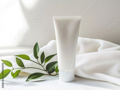 White cosmetic tube mockup with green leaves and soft towel