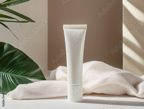 White cosmetic tube mockup with tropical plant and towels