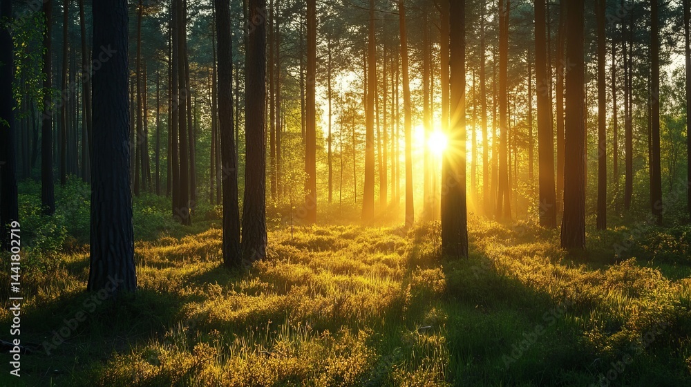 Fototapeta premium Golden sunlight streaming through tall pine forest trees calm rays wild view woods green beams image