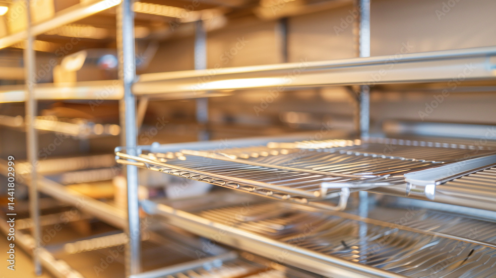 Empty supermarket shelves with bare metal rack, minimalist composition showing scarcity and lack of products. Concept of supply chain issues, retail challenges and economic crisis.