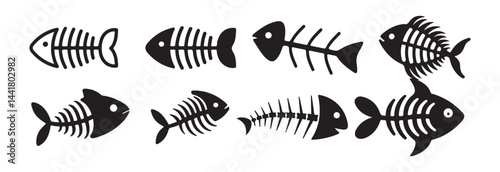 Fish bone icons, fishbone isolated skeleton vector silhouettes. Fish bone symbol. Cats food sign. spine line pictogram. Vector Illustration Eps 10