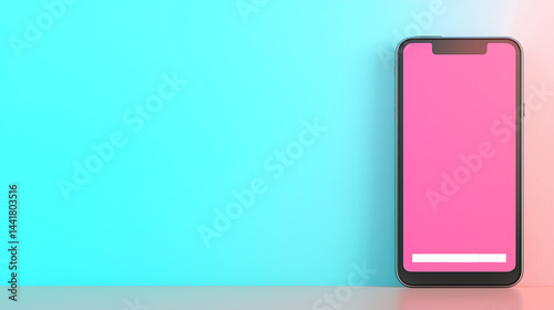 A modern smartphone with a pink screen sits on a flat surface against a blue background.