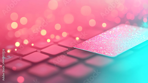 A close-up of a keyboard with a sparkling, glittery touchpad and a dreamy pink and teal bokeh background.