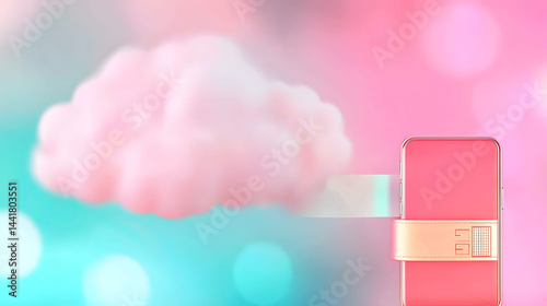 A smartphone appears to be printing a pink cloud on a dreamy pastel background, symbolizing cloud technology and creativity.