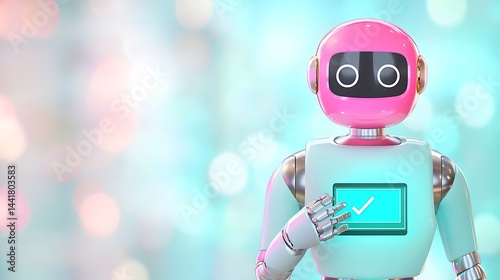 A cute pink robot with a checkmark on its chest stands against a colorful, blurred background.