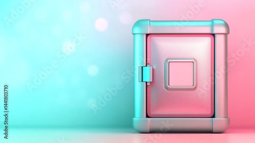 A metallic safe with a square door stands against a pastel pink and blue gradient background.