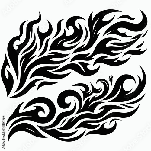 Abstract Tribal Flames: A dynamic depiction of stylized flames, rendered in bold black lines and intricate detail, suggesting energy and motion, perfect for adding a touch of modern artistry.