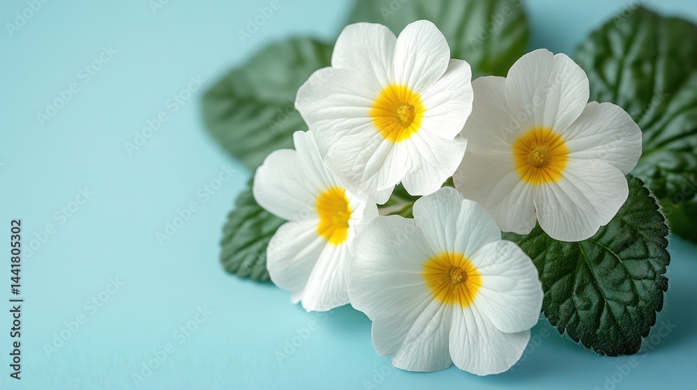 Obraz premium White primroses, blue background, spring, floral, greeting card