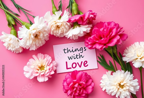 Overhead pink & white carnations, "Do All Things With Love" card on pink background, texture, inspirational