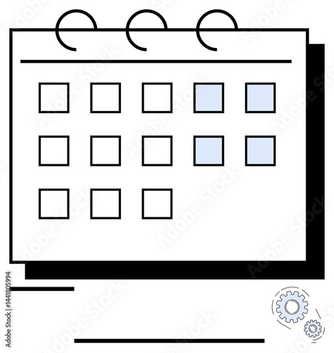 Calendar page with selected dates and small gear icons, symbolizing scheduling, productivity, and project planning. Ideal for time management, teamwork, deadlines, project tracking, organization