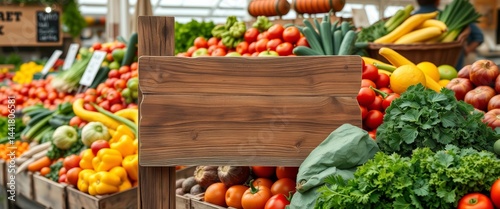 Rustic wooden sign beside vibrant vegetable display at farmers market, healthy eating, outdoor